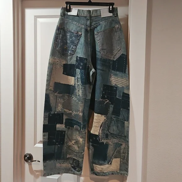 Free People Illusions Patchwork Printed Jeans Barrel Leg Relaxed Indigo 27 NWT - Picture 5 of 15